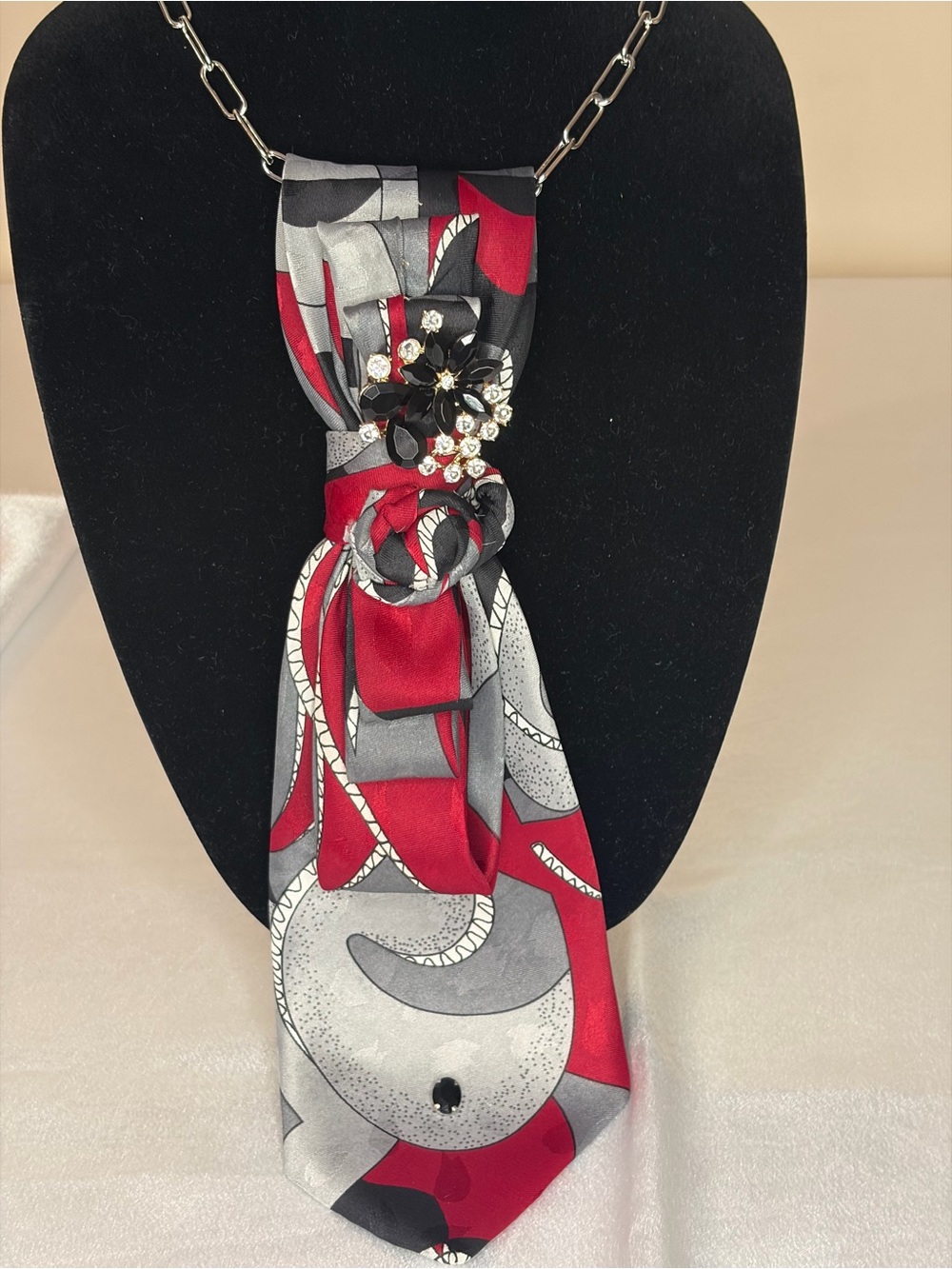 Silk Red and Gray Statement Necklace Tie with Crystal Brooch